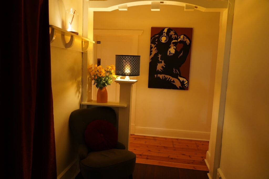 Waiting area at BeSharp Music School in Tusmore Adelaide with seating and music-themed artwork