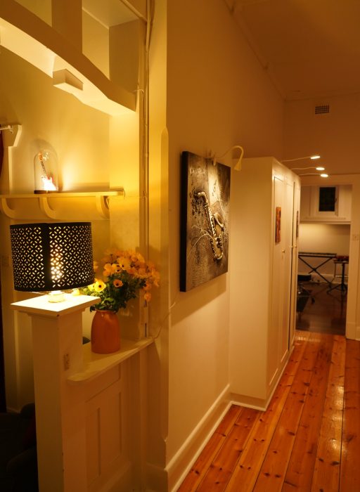 Interior hallway with saxophone artwork at BeSharp Music School in Tusmore